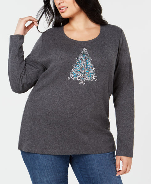 Karen Scott Plus Size Cotton Fancy Holiday Tree T-Shirt